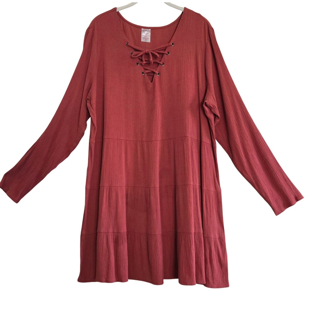 No Boundaries, Terracotta, Lace Up, Long Sleeve, Boho Tiered Mini Dress XXL‎ 19